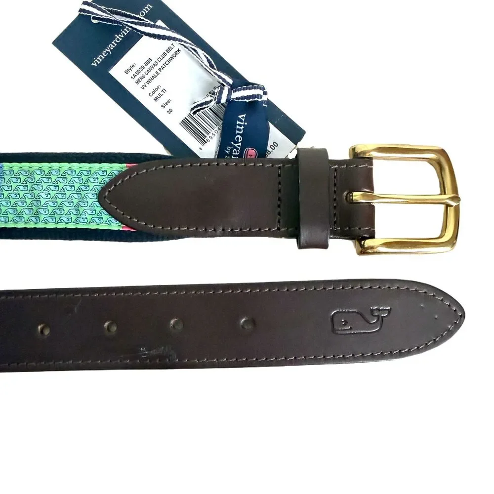 Vineyard Vines NEW Whale PatchworkPrint Fabric Belt Leather Ends Size 30 NWT